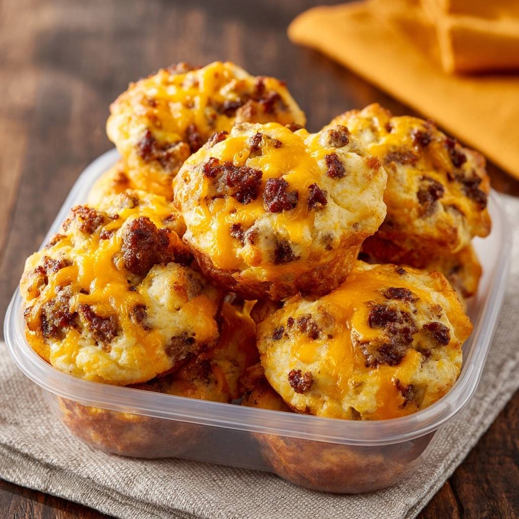 Cheesy sausage breakfast muffins are piled high in a clear plastic container, showcasing their golden-brown tops and cheesy topping.