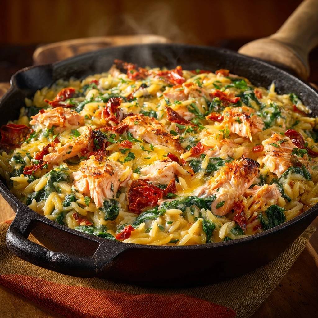 Cheesy skillet salmon orzo with spinach and sun-dried tomatoes, a close-up detail shot showing the textures and ingredients.