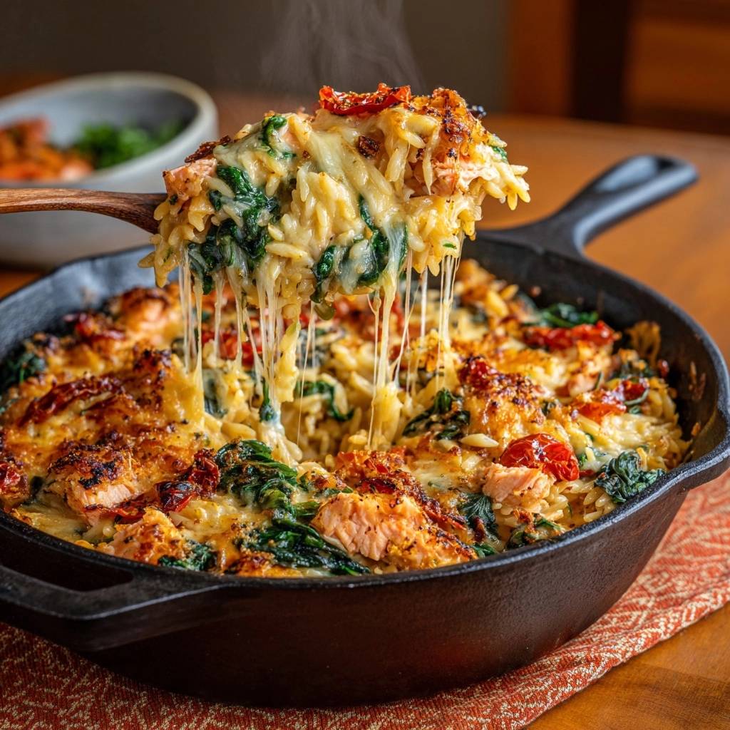 Cheesy skillet salmon orzo with spinach and sun-dried tomatoes, with steam rising from the hot, cheesy dish being served.