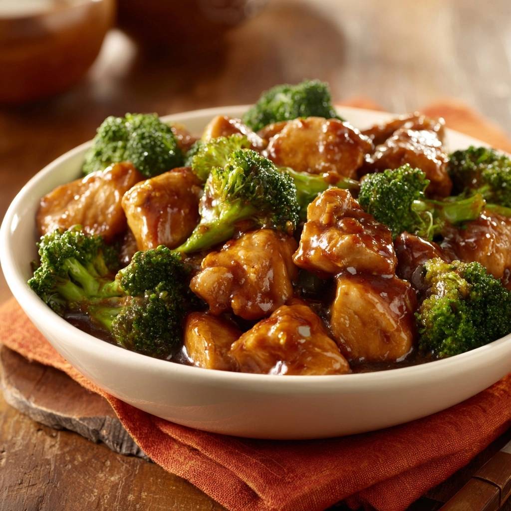 Restaurant-style chicken and broccoli served in a white bowl, featuring a close-up view of tender chicken and vibrant broccoli florets coated in sauce.
