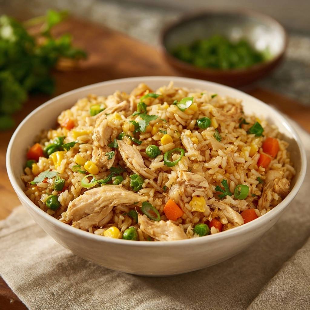Chicken fried rice served in a bowl, featuring tender chicken and a colorful mix of peas, corn, and carrots.