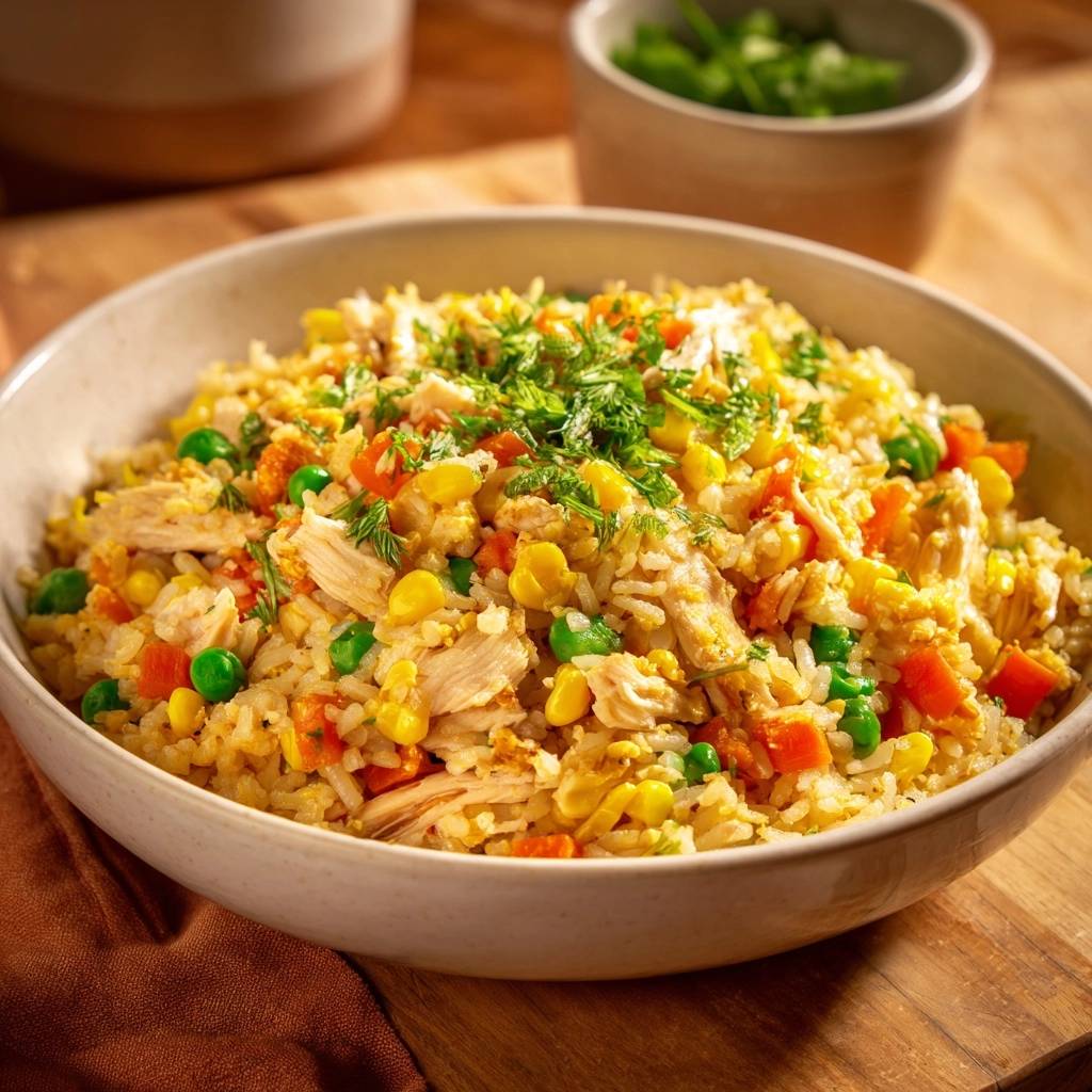 Chicken fried rice served in a bowl, featuring fluffy grains, shredded chicken, peas, carrots, and corn, garnished with fresh herbs.