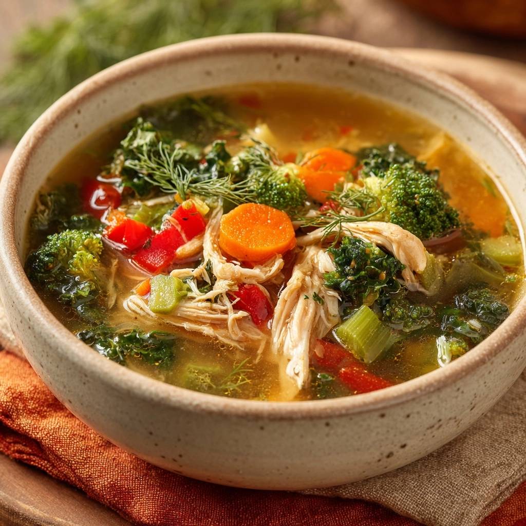 Chicken kale vegetable soup in a bowl, showcasing shredded chicken and fresh vegetables like broccoli and carrots.