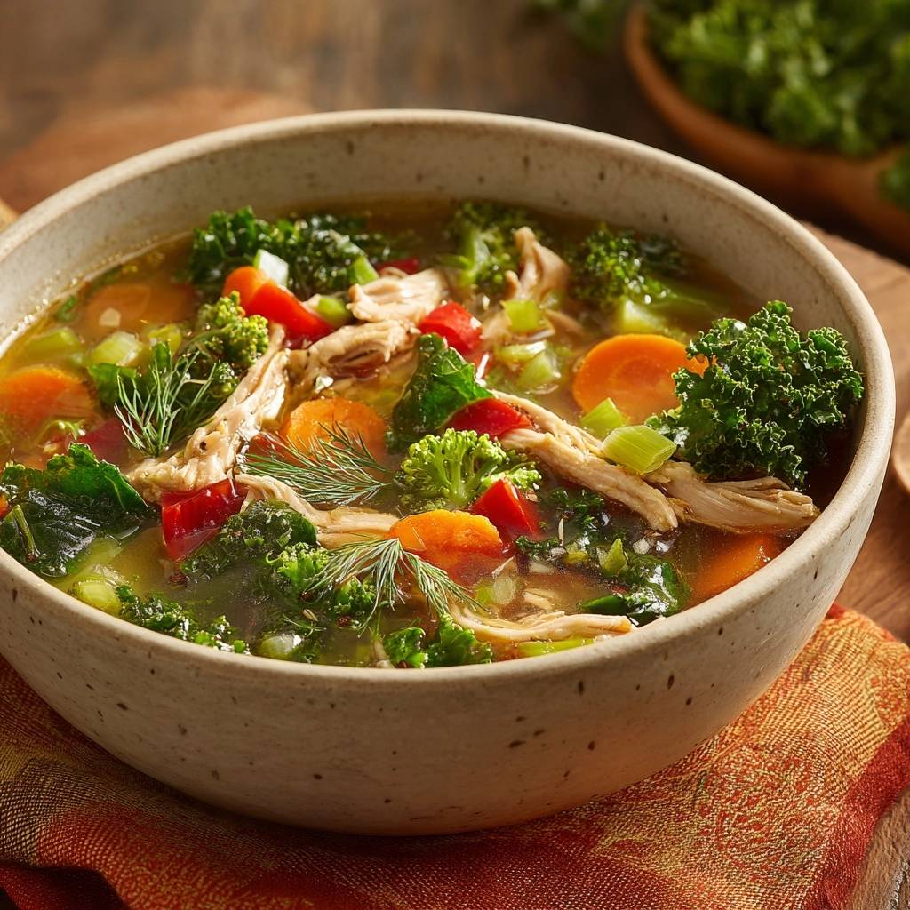 Chicken kale vegetable soup served in a rustic bowl, showcasing tender chicken and vibrant vegetables in a flavorful broth.