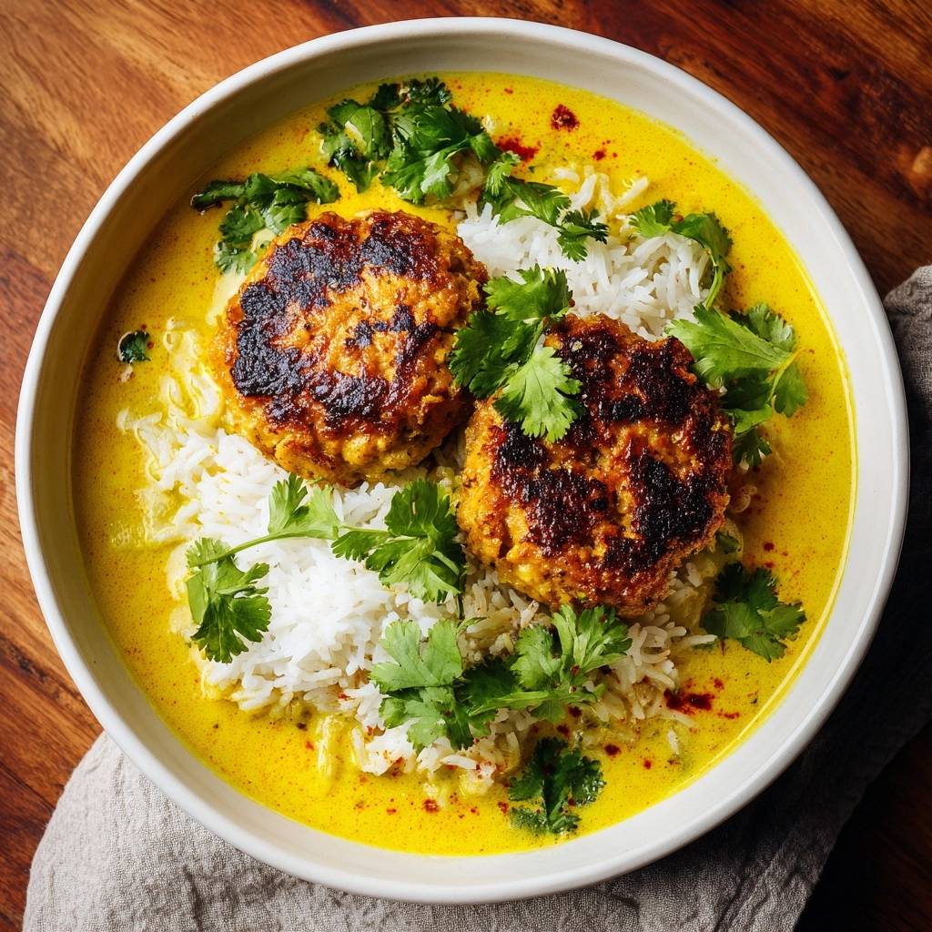 Chicken kofta curry featuring intact koftas served atop rice in a rich, yellow sauce, garnished with fresh cilantro.