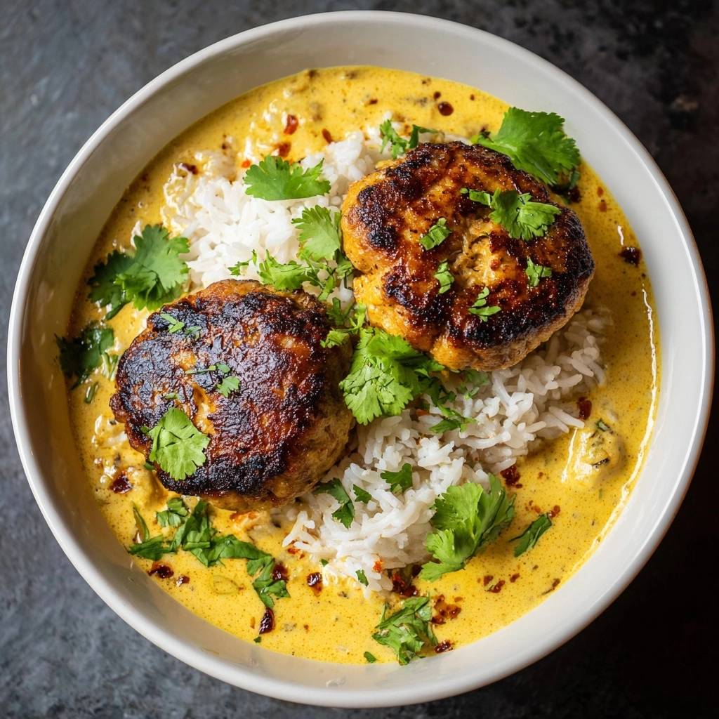 Chicken kofta curry featuring intact koftas served atop rice in a rich yellow sauce, garnished with cilantro.