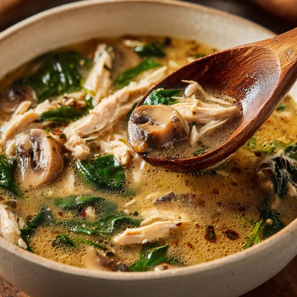 One-pot chicken mushroom spinach soup being scooped with a wooden spoon, showing a close-up of mushrooms and shredded chicken.