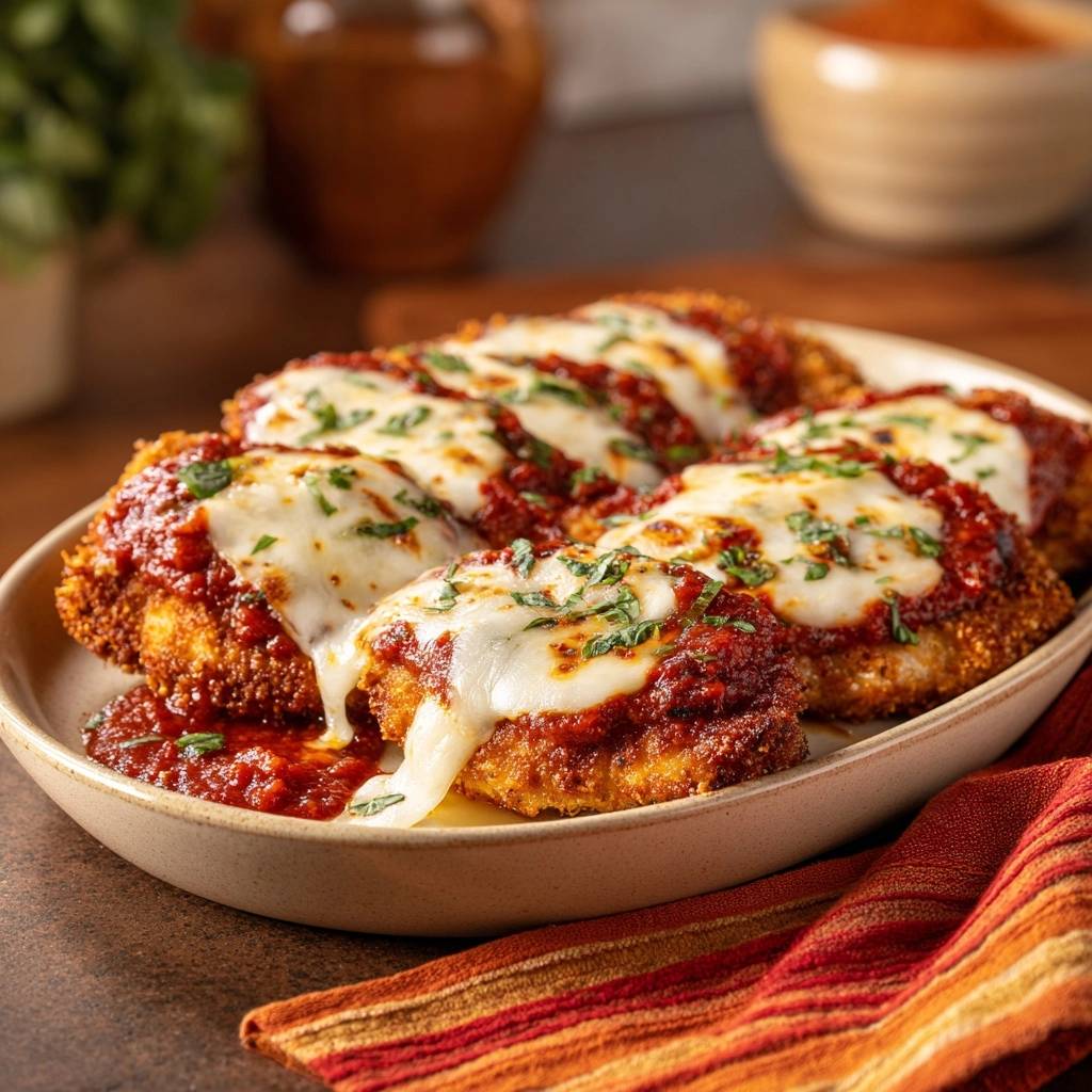 Crispy baked chicken parmesan with a gooey, melted cheese topping and rich marinara sauce.