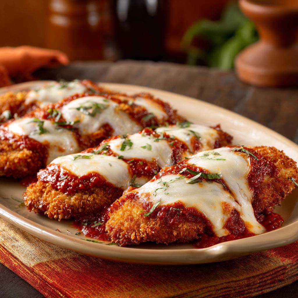Chicken Parmesan with melted mozzarella cheese and a fresh herb garnish served on a beige plate.
