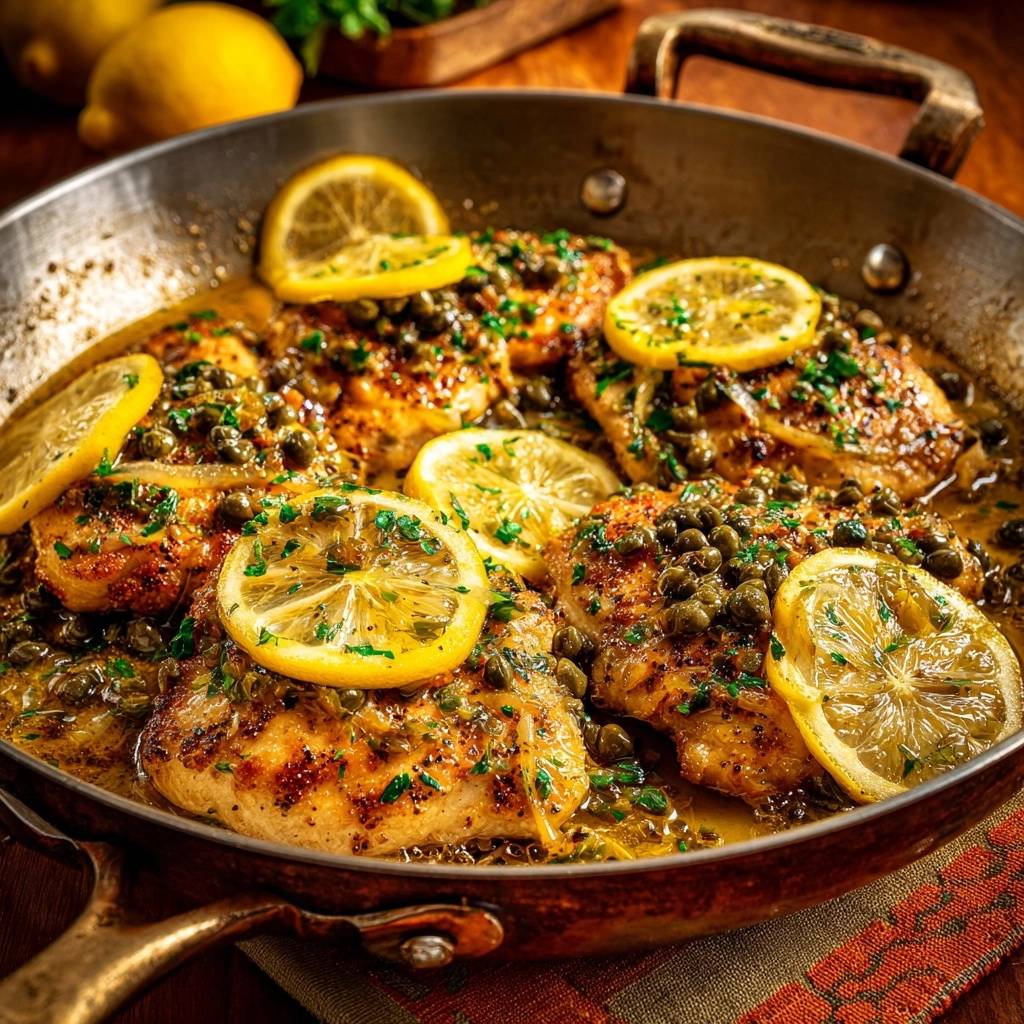 Chicken piccata in a skillet with a lemon caper sauce and fresh lemon slices as a detailed garnish.