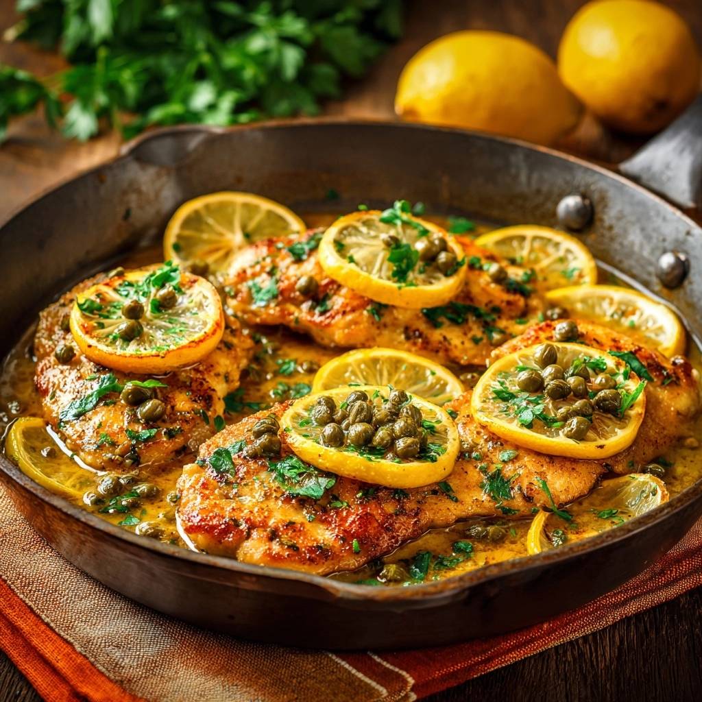 Chicken piccata served in a skillet with a lemon and caper sauce, garnished with lemon slices and parsley.