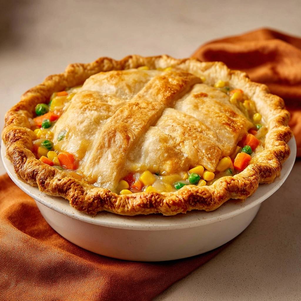 Chicken pot pie with a flaky, golden-brown crust and visible vegetable filling in a white pie dish.