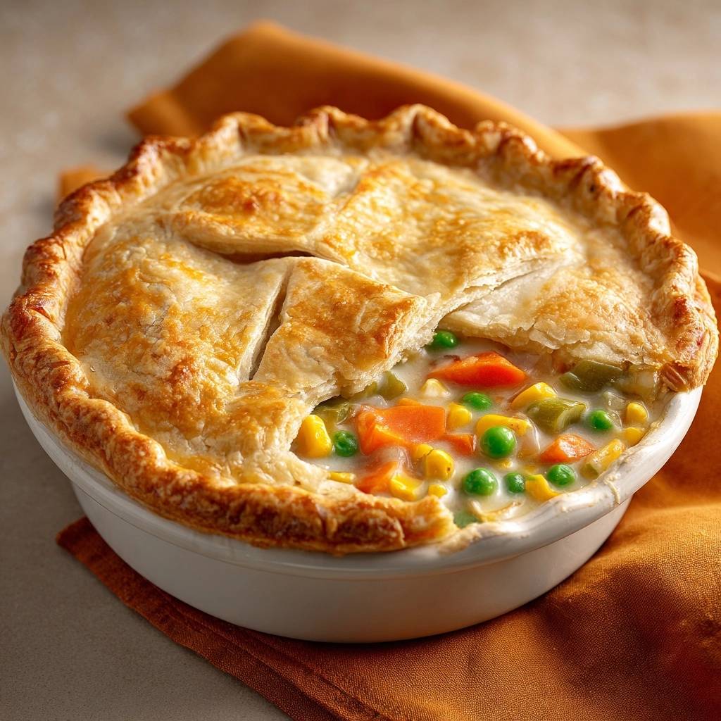 Chicken pot pie with flaky no-sog crust showing a creamy vegetable filling with peas, carrots, and corn.