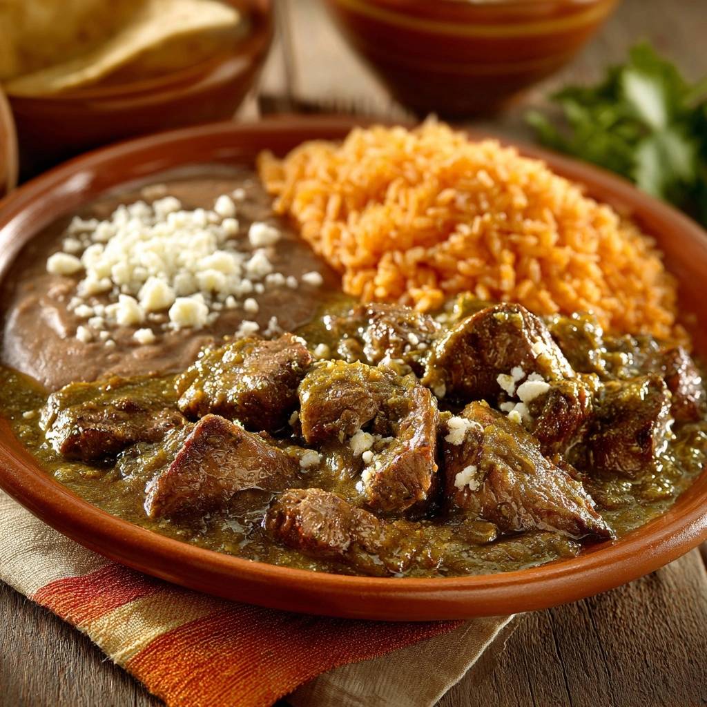 Slow-simmered chile verde beef served plated with refried beans and Mexican rice, topped with crumbled white cheese.