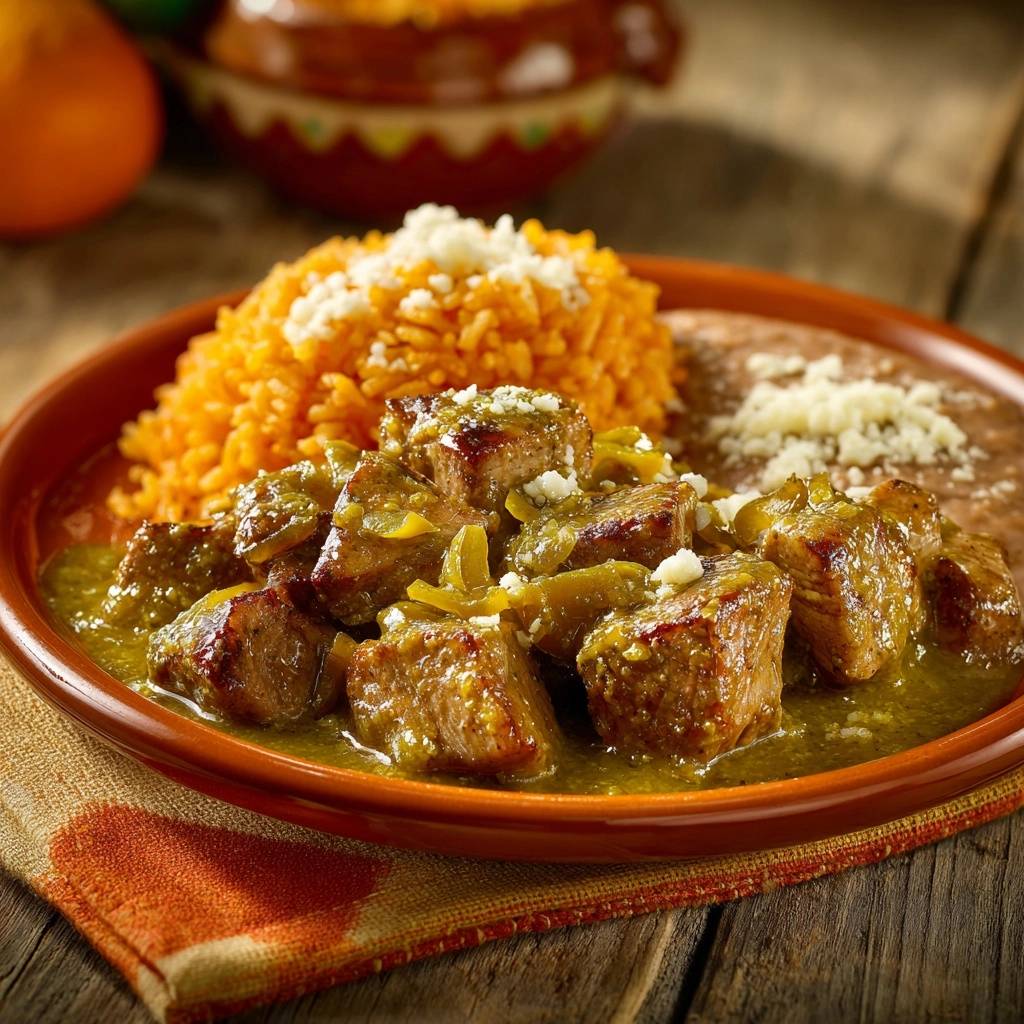 Slow-simmered chile verde beef served with orange rice and beans, a close-up plated view.
