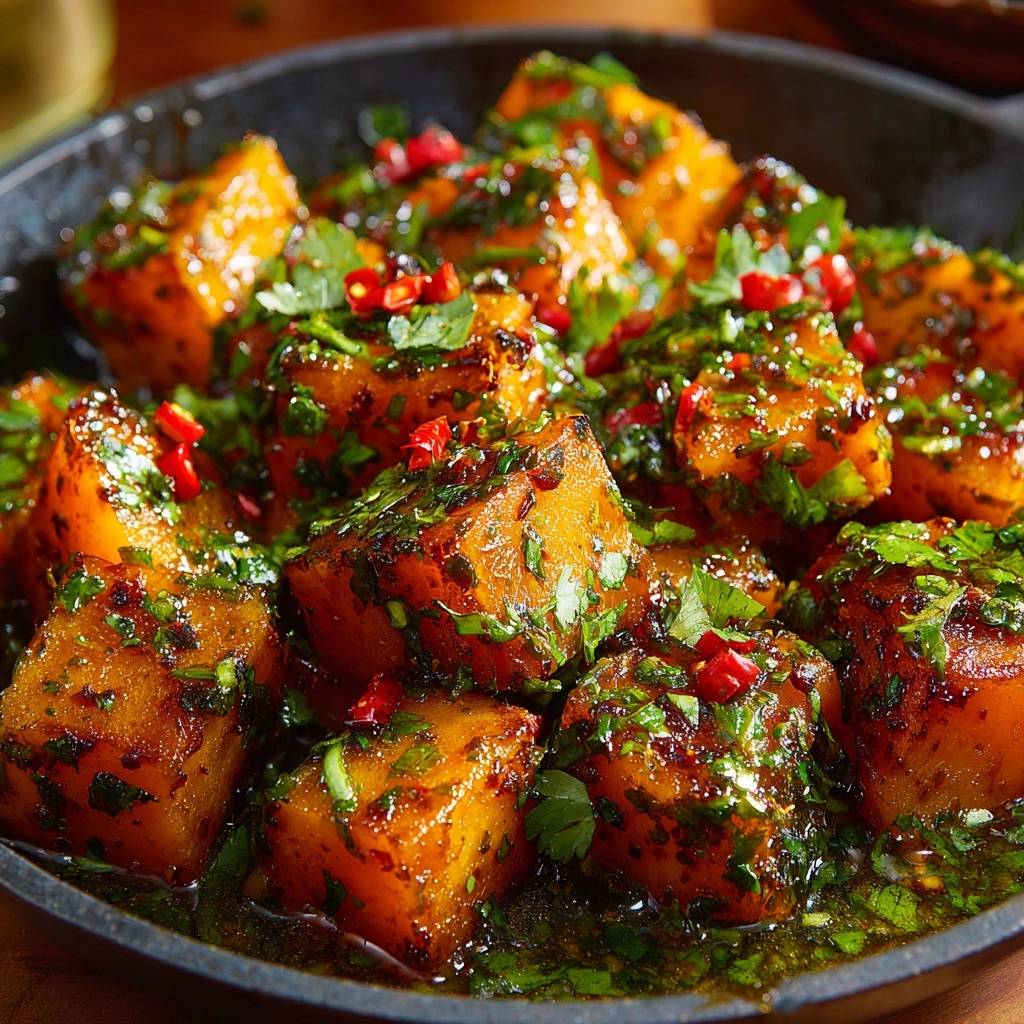 Chili-glazed butternut squash recipe, a close-up view showcasing the glossy glaze and vibrant red chili and parsley garnish.