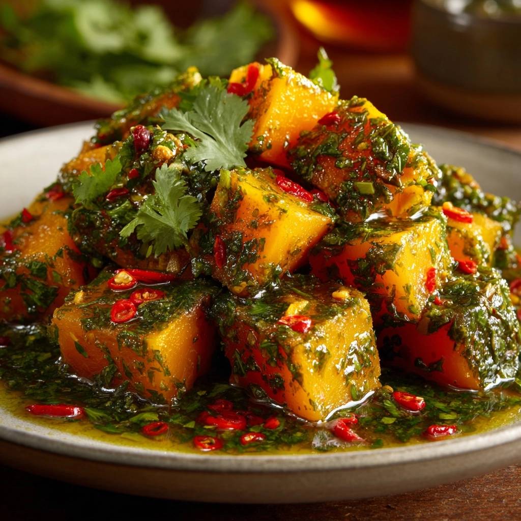 Chili-glazed butternut squash recipe shown in a close-up detail shot with fresh herbs and chili peppers.