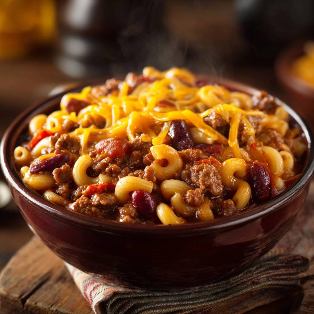 Hearty chili macaroni with a steaming cheese topping in a rustic bowl.
