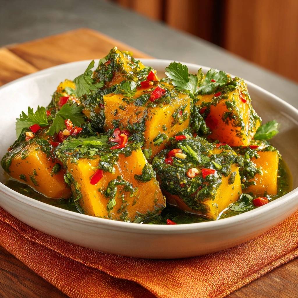 Chimichurri roasted butternut squash cubes topped with fresh herbs and chili in a white bowl.
