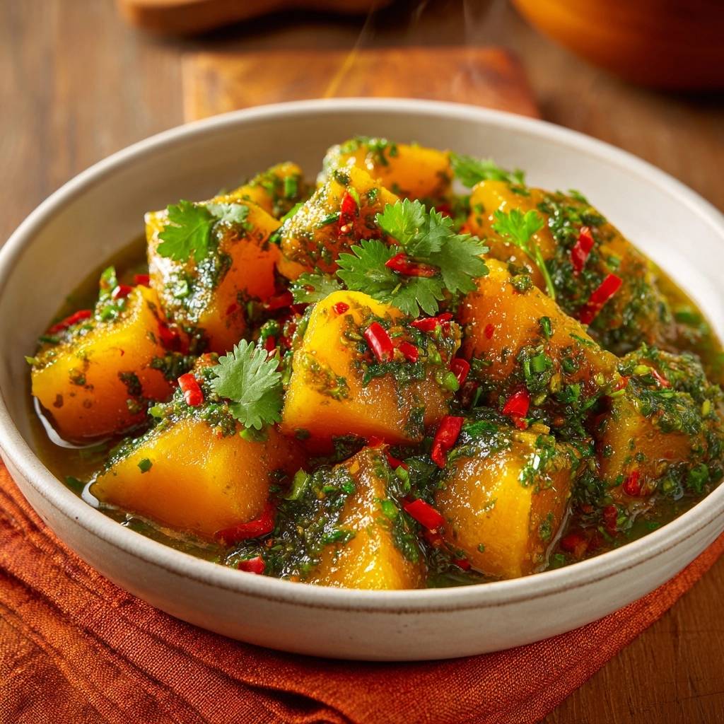 Chimichurri roasted butternut squash shown in a bowl with a close-up detail of the herb and chili topping.