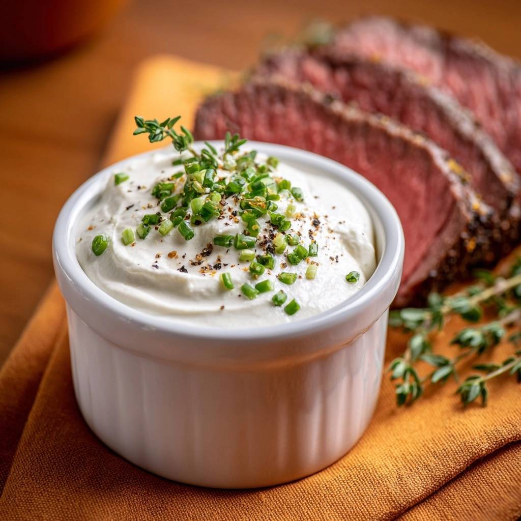 Chive pepper cream sauce for beef shown in a white ramekin, generously garnished with chopped chives and cracked pepper.