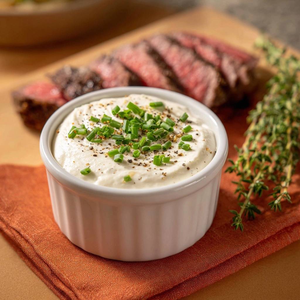 Chive pepper cream sauce for beef shown in a white ramekin, garnished with chives and pepper.