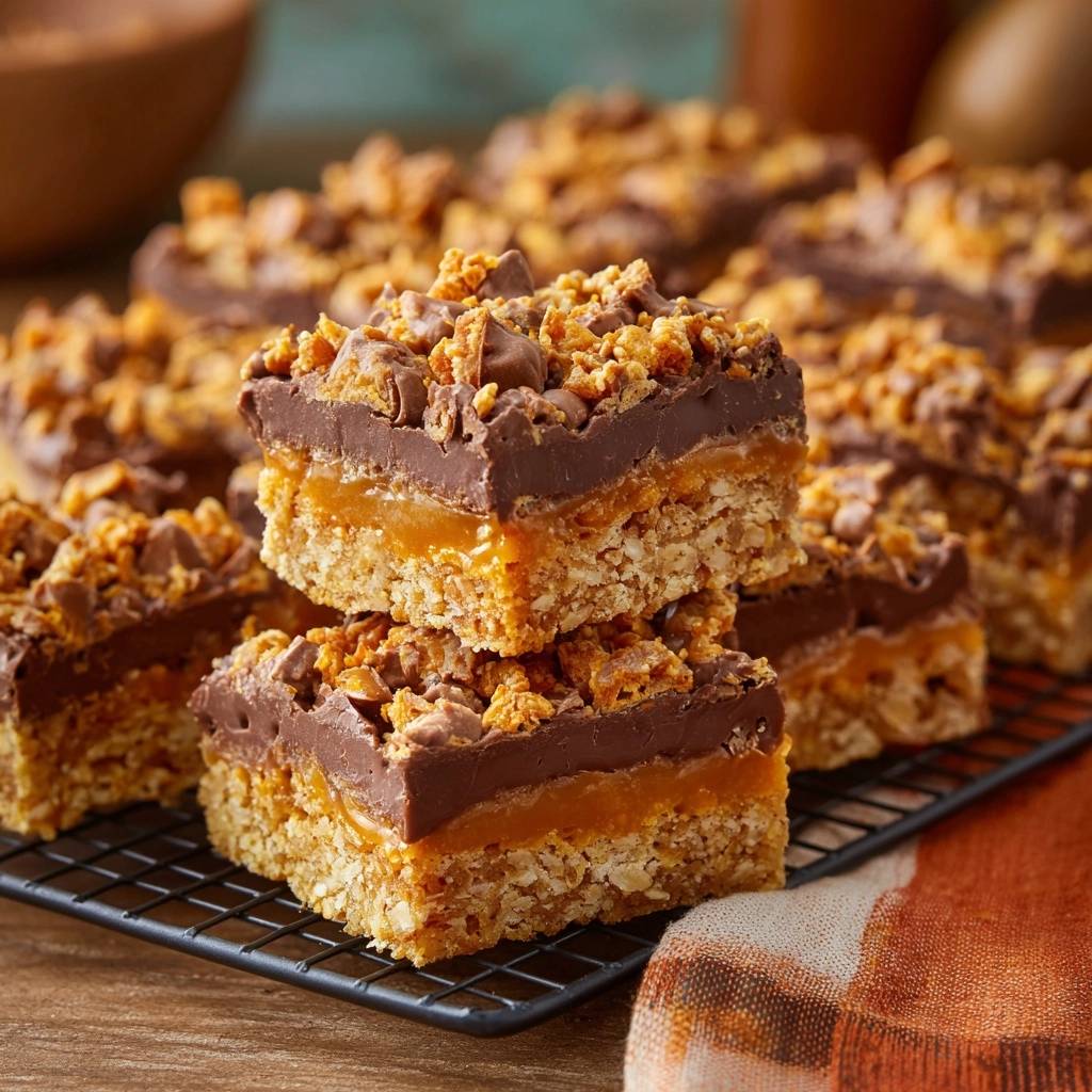Chocolate caramel peanut crunch bars stacked on a cooling rack, showcasing their layered texture and topping.