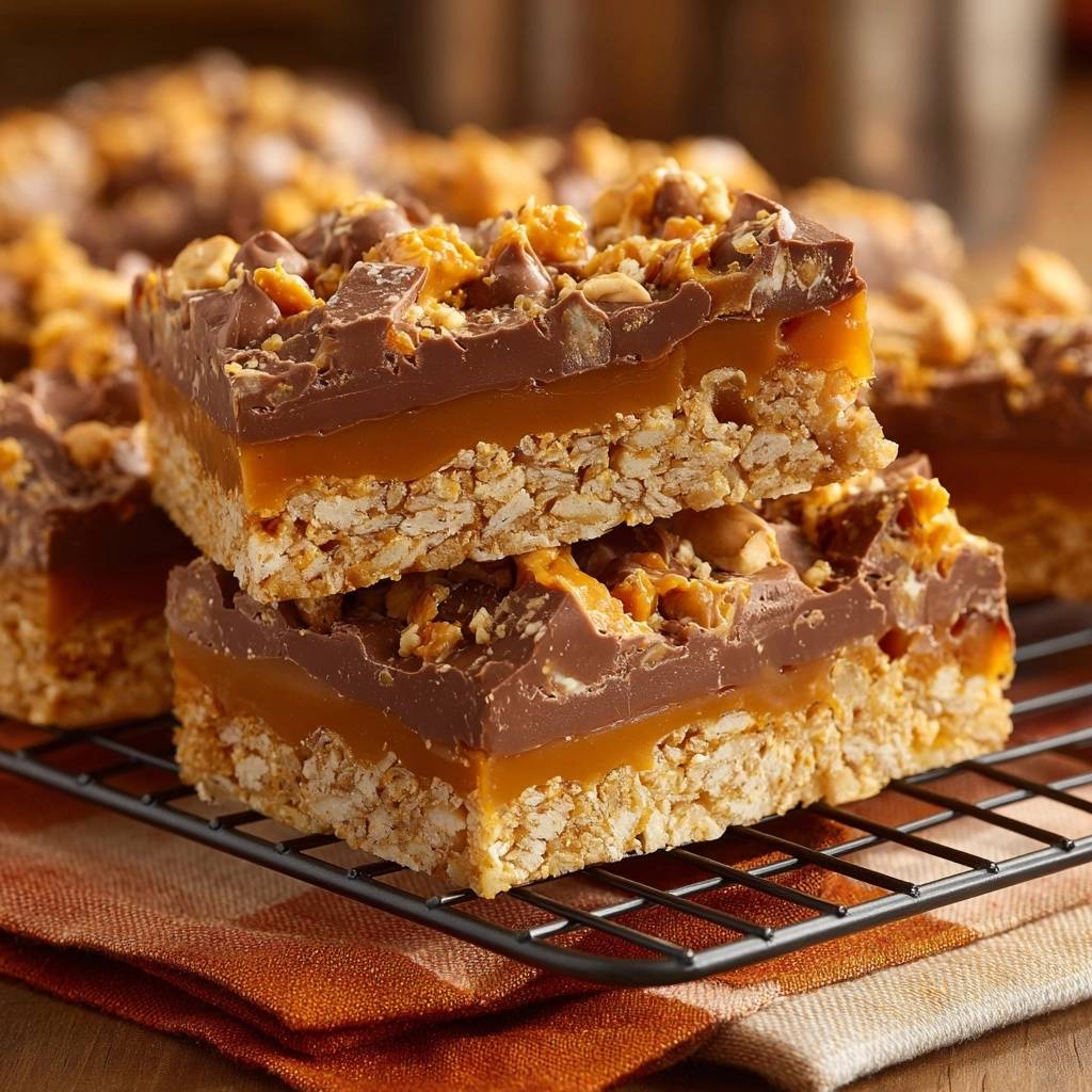 Chocolate caramel peanut crunch bars stacked on a cooling rack, showcasing their layered textures.