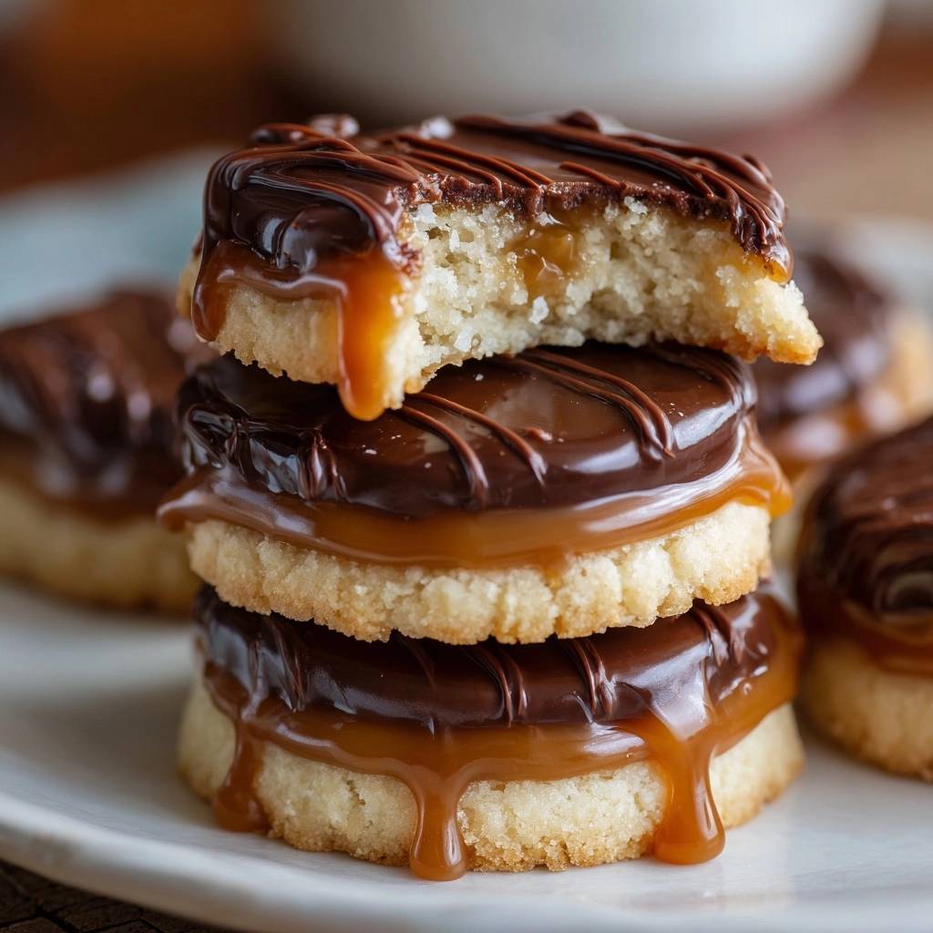 Chocolate caramel shortbread cookies with a close-up cross-section showing the layers and texture.