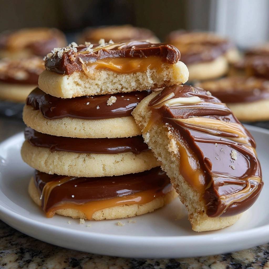 Chocolate caramel shortbread cookies shown in a close-up cross-section revealing layers of cookie, chocolate, and caramel filling.