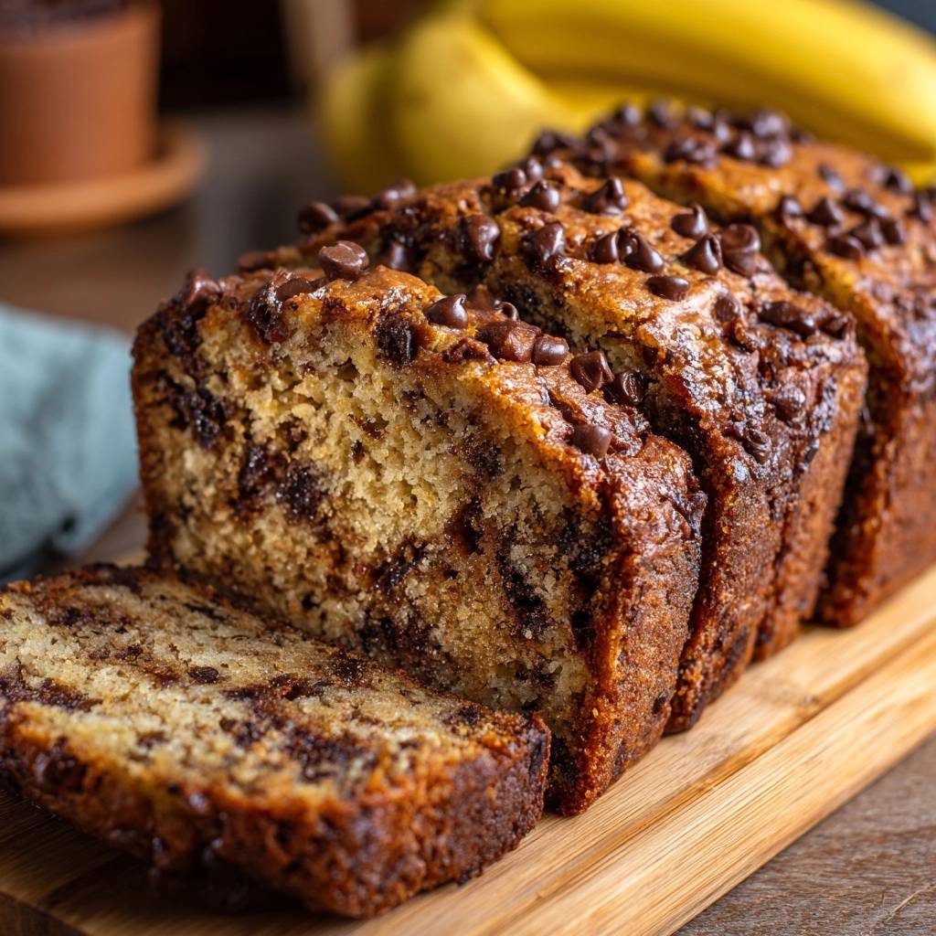 Chocolate chip banana bread sliced to reveal a close-up view of the moist interior with melty chocolate chips.