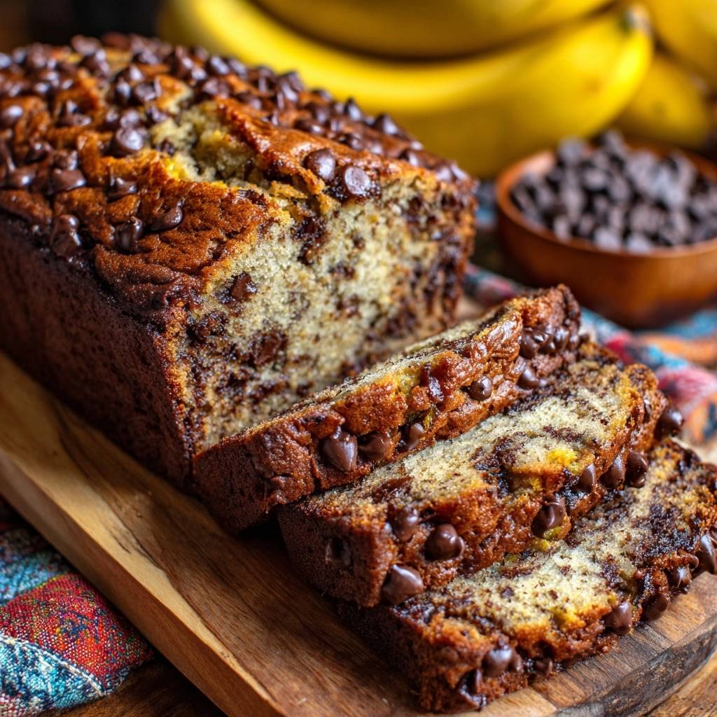 Chocolate chip banana bread: no-sinking-chips recipe shown as a sliced loaf with chocolate chips throughout the moist interior.