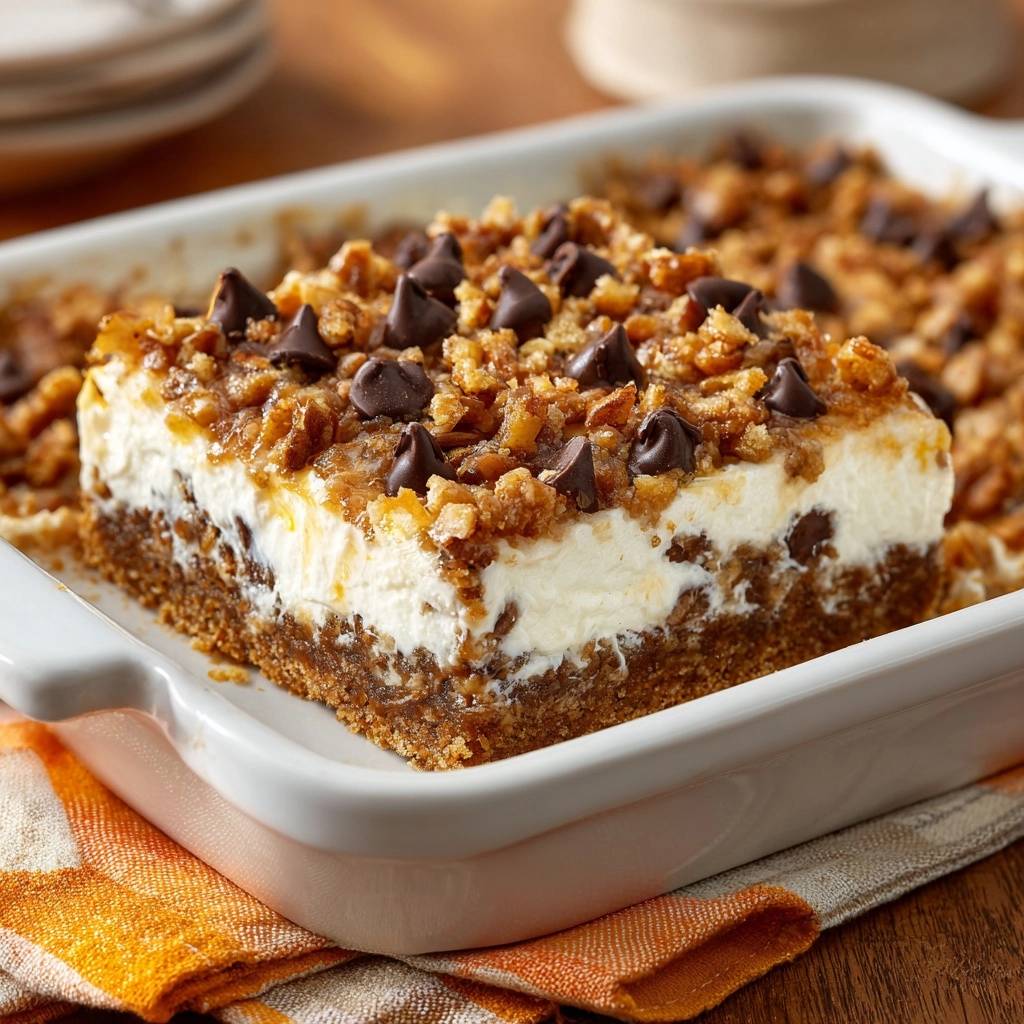 Chocolate chip cheesecake bars with a creamy center and crumbly pecan topping, shown in a close-up cross-section.