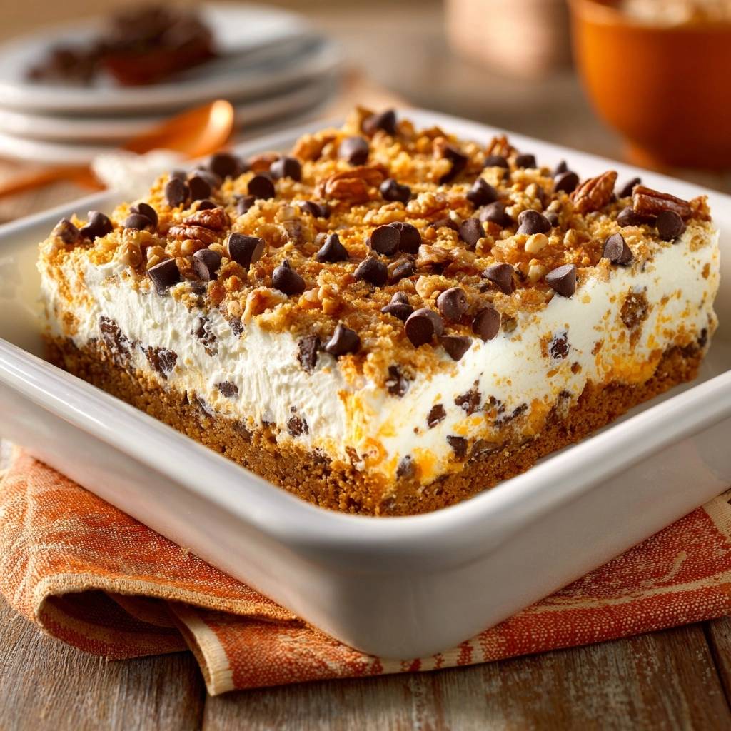 Chocolate chip cheesecake bars showing a close-up of the pecan and chocolate chip topping.