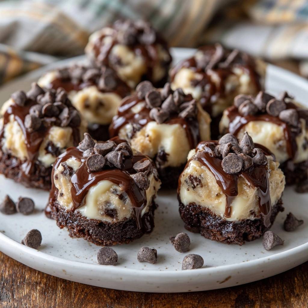 Chocolate chip cheesecake brownie bites are artfully arranged and drizzled with chocolate ganache and topped with chocolate chips.