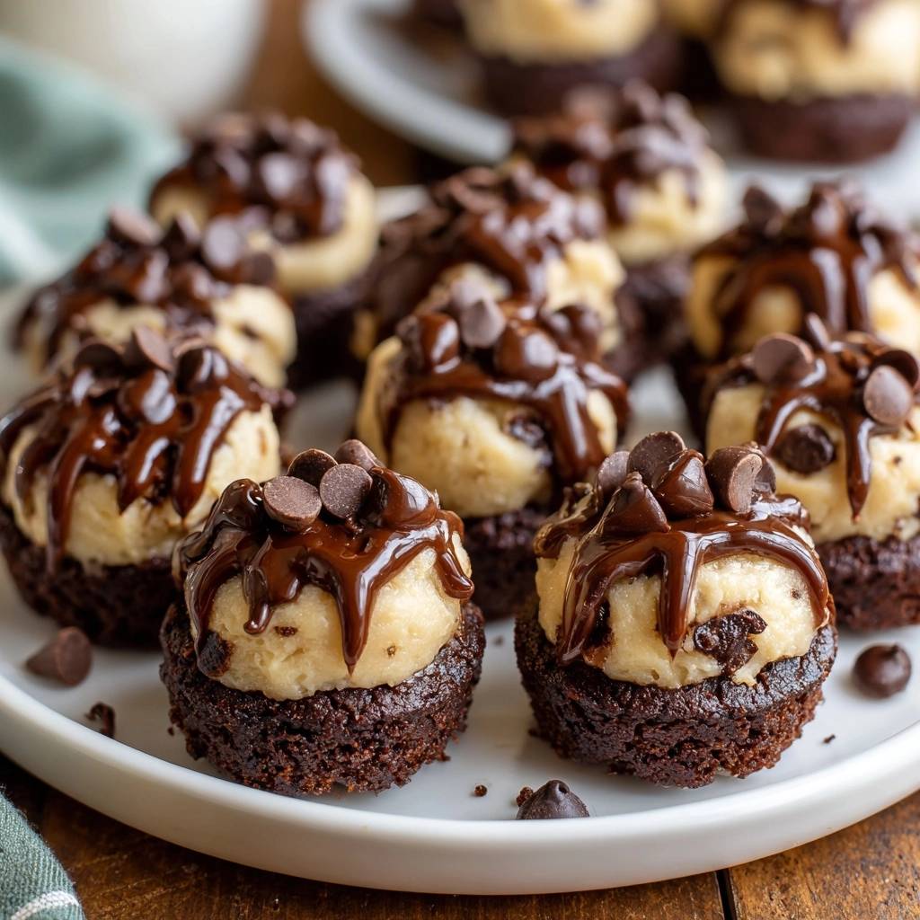Chocolate chip cheesecake brownie bites topped with cookie dough and chocolate drizzle, presented in a close-up view.