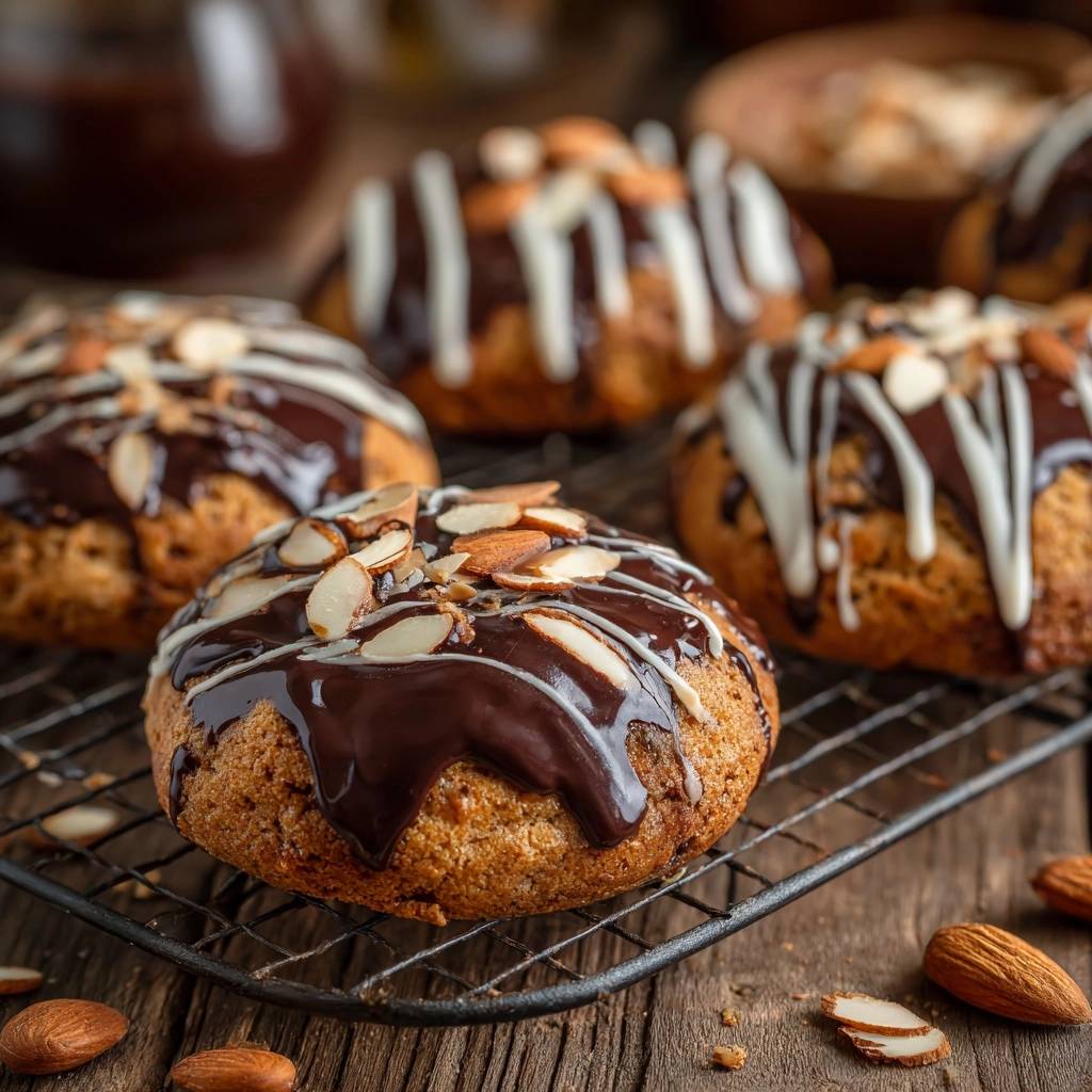 Chocolate chunk almond cookies cooling on a rack, drizzled with chocolate and white icing, topped with sliced almonds.