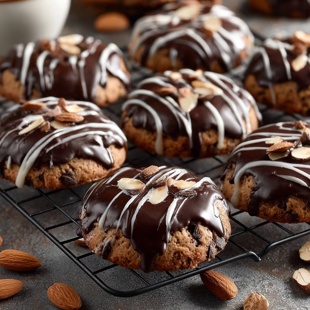 Chocolate chunk almond cookies with chocolate drizzle and sliced almonds cooling on a black rack.
