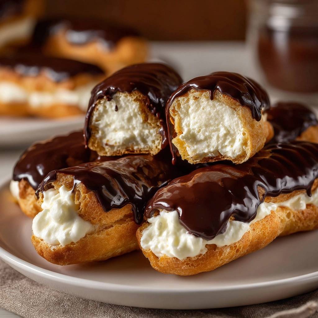 Chocolate eclairs with a cross-section showing the rich cream filling and dark chocolate glaze.