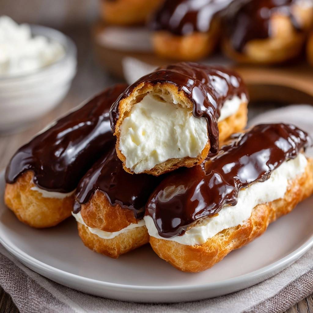 Chocolate eclairs cross-section revealing a generous filling of white cream, glazed with dark chocolate.