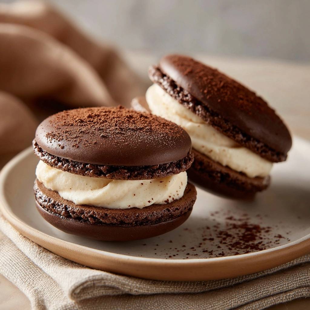Chocolate macarons with a creamy filling, dusted with cocoa powder, shown on a plate.