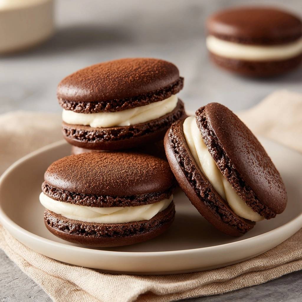 Chocolate macarons with cream filling stacked on a plate, dusted with cocoa powder.