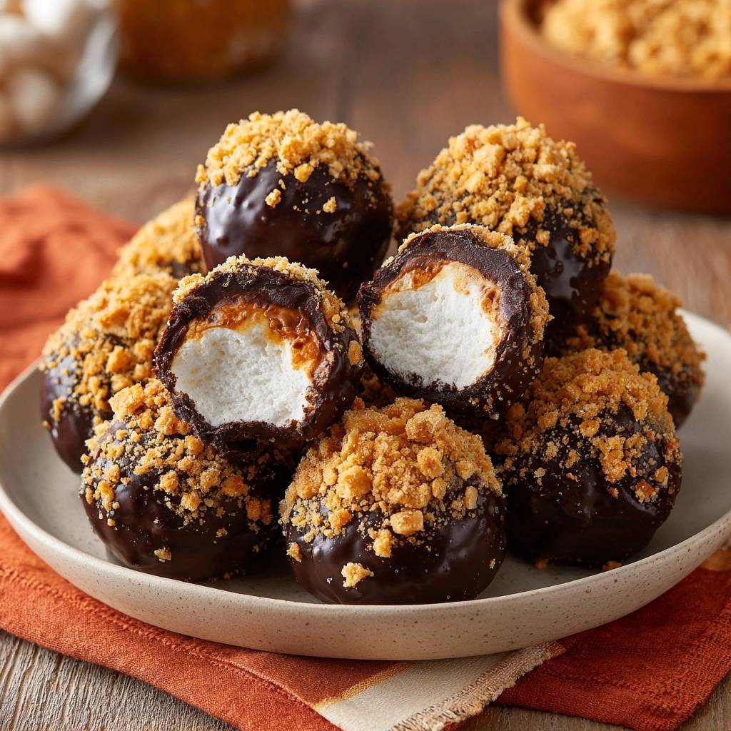 Chocolate s'mores truffles cross-section showing marshmallow and caramel filling, topped with crumbs.