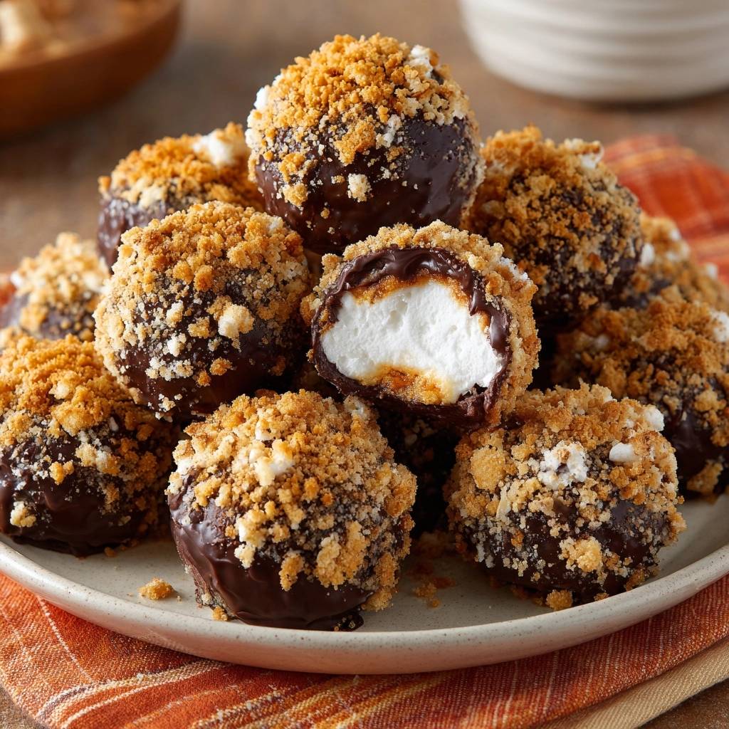 Chocolate S'mores Truffles cross-section showing a fluffy marshmallow center coated in chocolate and graham cracker crumbs.