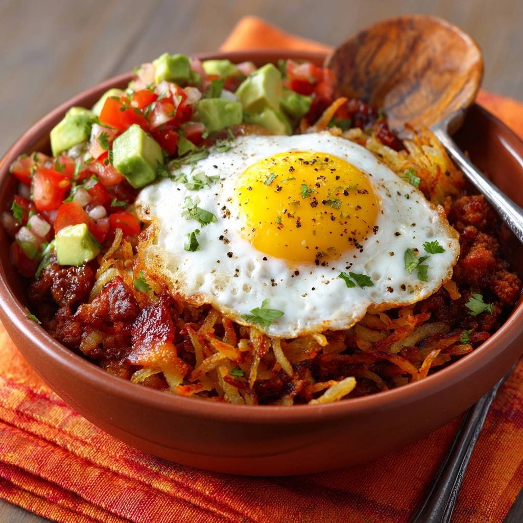 Crispy chorizo breakfast hash topped with a sunny-side-up egg and fresh avocado salsa.