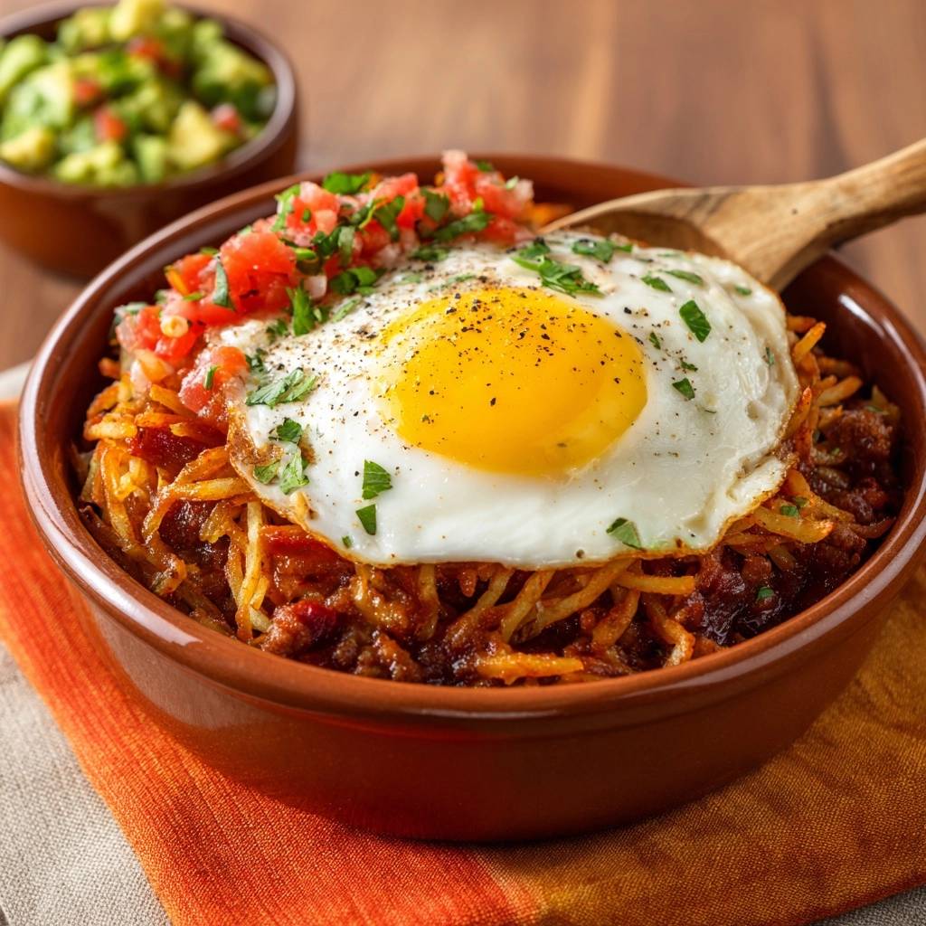 Crispy chorizo breakfast hash topped with a perfectly fried egg and fresh pico de gallo.