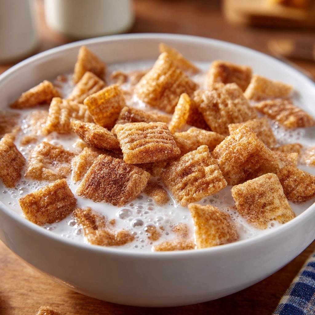 Cinnamon crunch cereal bowl with milk, showcasing the textured squares and frothy milk surface up close.
