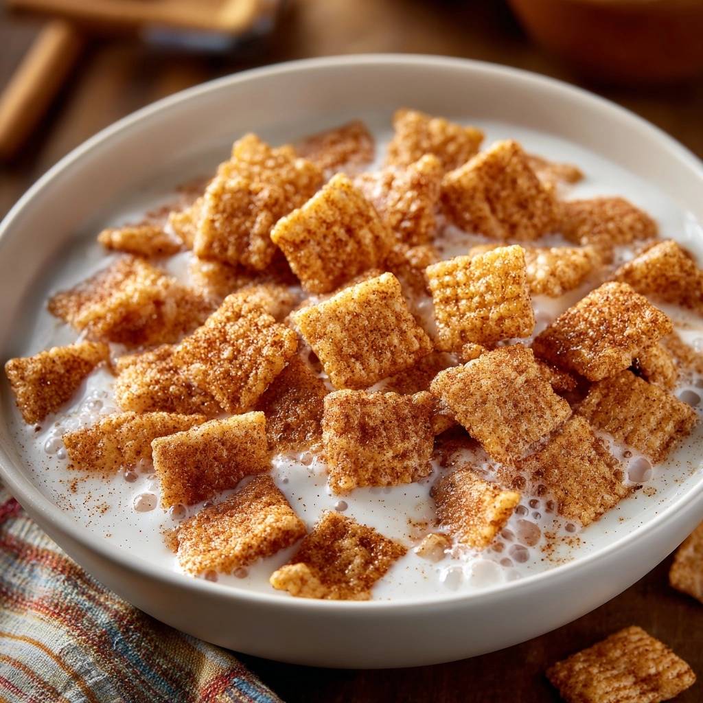 Cinnamon Crunch Cereal Bowl close-up showing the texture of the cereal squares in milk.