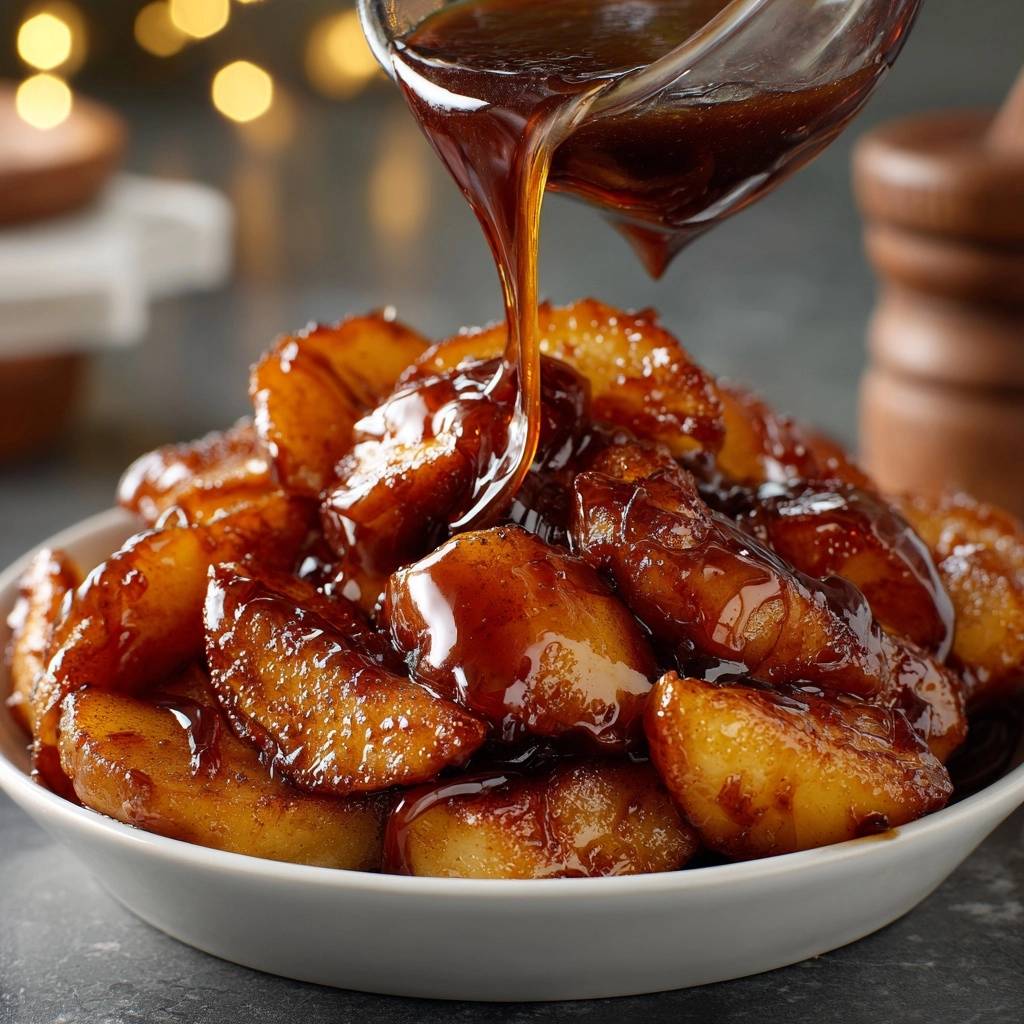 Cinnamon glazed apples with thick, clinging sauce being drizzled from a glass bowl in a close-up view.