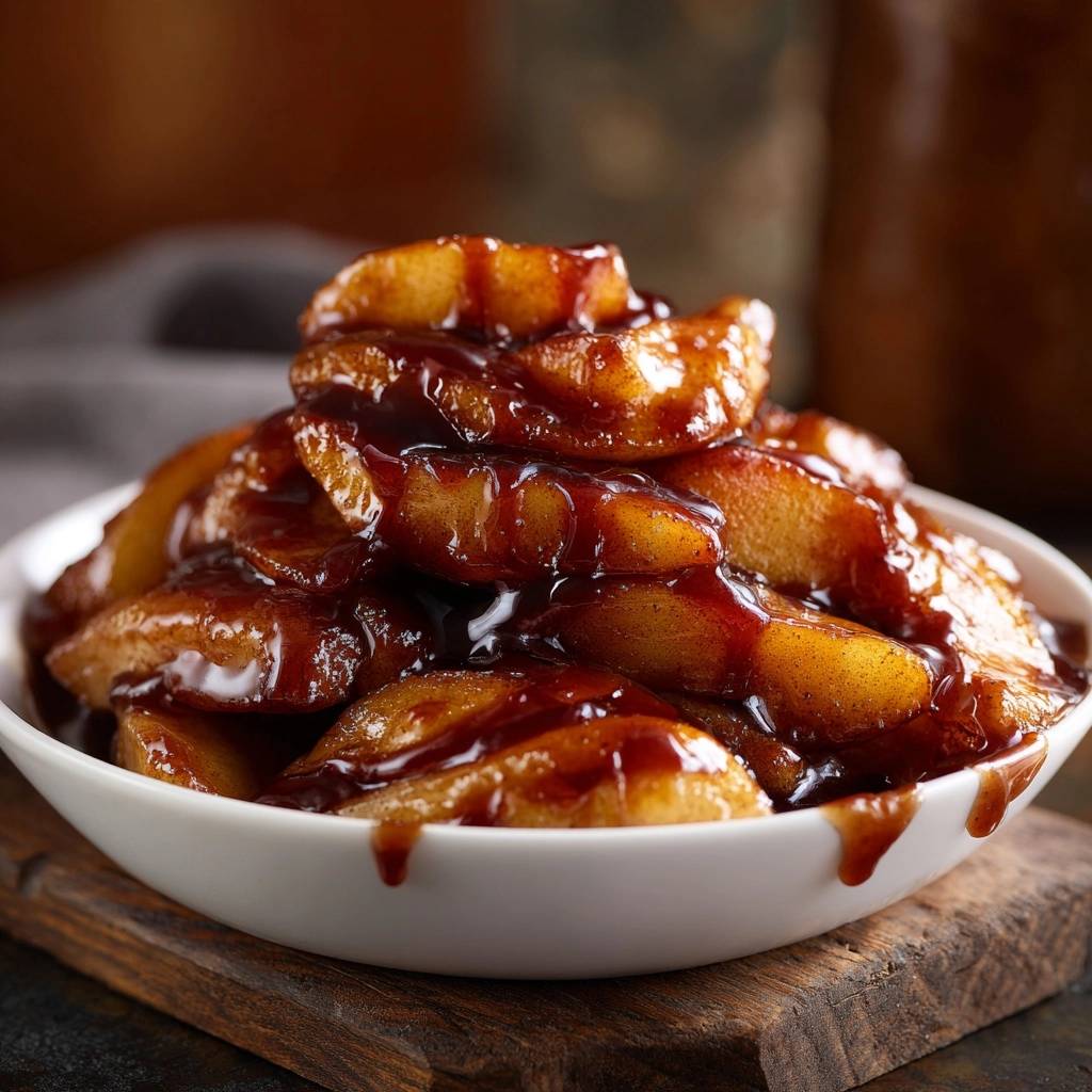 Cinnamon glazed apples with thick, clinging sauce shown in a white bowl with a close-up detail of the glistening glaze.